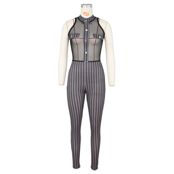 Fashion Pit Houndstooth Print Panel Mesh Sleeveless Jumpsuit