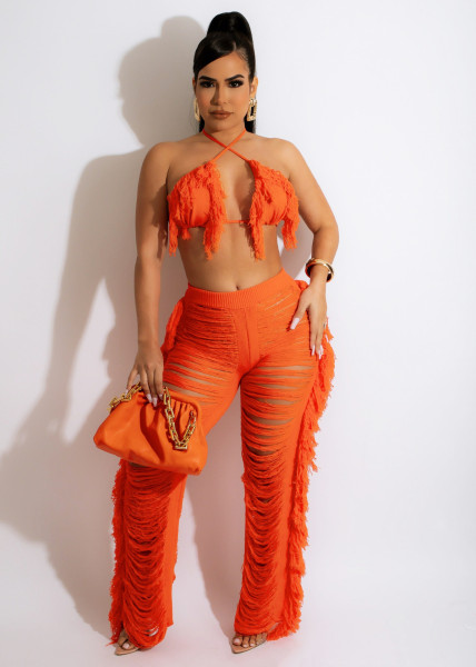 Sexy Ladies Fashion Knitted Hollow Perspective Tassels Two Piece Set