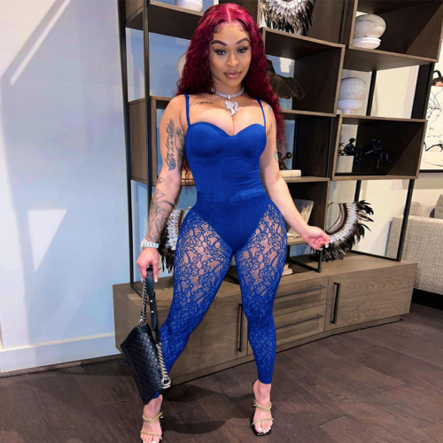 Tube top suspender jumpsuit + sexy see-through lace trousers two-piece set