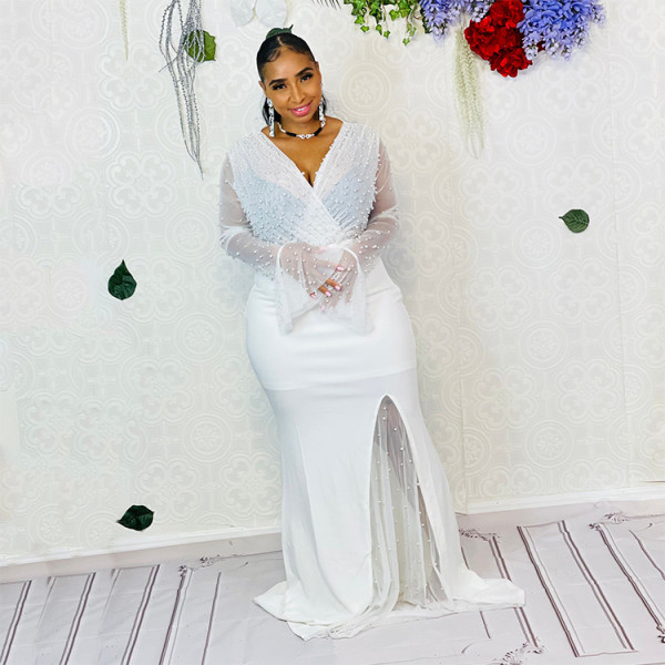 Fashion sexy V-neck see-through long-sleeved bag hip gun beads plus size dress