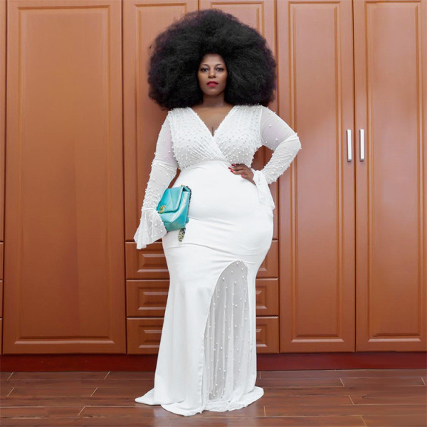 Fashion sexy V-neck see-through long-sleeved bag hip gun beads plus size dress