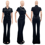 Solid Color Korean Velvet Slim Fit Wide Leg Pants Casual Two Piece Set