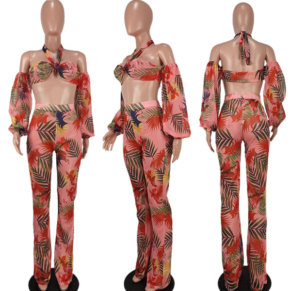 Sexy Sheer Print Sling Straight Pants Two-Piece Set