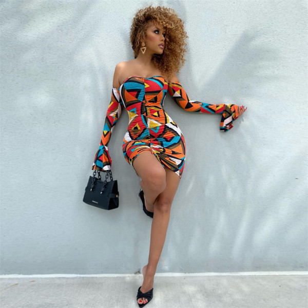 Sexy Ruched Tie-Up Flared Sleeve Print Dress