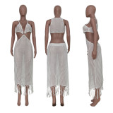 Women's Solid Color Casual Knit One Piece Fringe Beach Dress