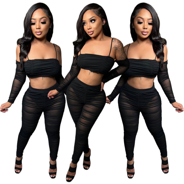 Fashion suspenders top mesh pants suit new two-piece set