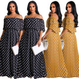 One-shoulder chiffon pleated polka dot print maxi dress