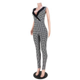 Nightclub Fashion Print Lapel Button Houndstooth Jumpsuit