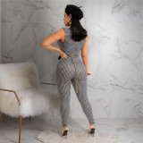 Nightclub Fashion Print Lapel Button Houndstooth Jumpsuit