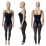 Tube top suspender jumpsuit + sexy see-through lace trousers two-piece set