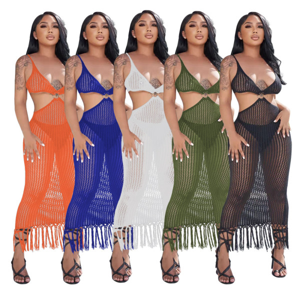 Women's Solid Color Casual Knit One Piece Fringe Beach Dress