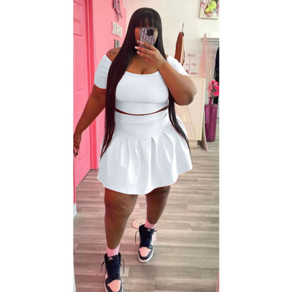 women's solid color pleated skirt plus size two piece set