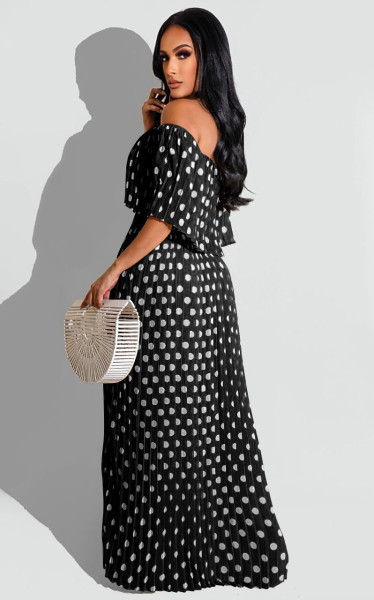 One-shoulder chiffon pleated polka dot print maxi dress