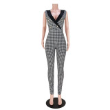 Nightclub Fashion Print Lapel Button Houndstooth Jumpsuit
