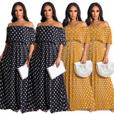 One-shoulder chiffon pleated polka dot print maxi dress
