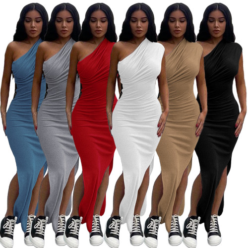 Solid ribbed pleated slant-shoulder slit maxi dress