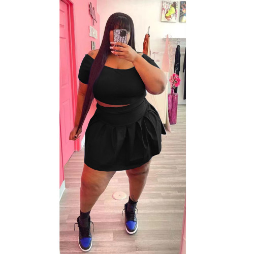 women's solid color pleated skirt plus size two piece set