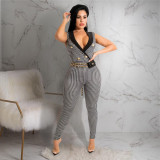 Nightclub Fashion Print Lapel Button Houndstooth Jumpsuit