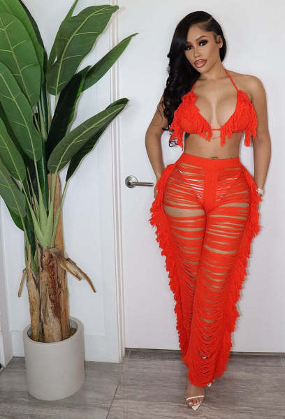 Sexy Ladies Fashion Knitted Hollow Perspective Tassels Two Piece Set
