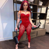 Tube top suspender jumpsuit + sexy see-through lace trousers two-piece set