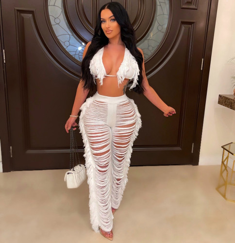 Sexy Ladies Fashion Knitted Hollow Perspective Tassels Two Piece Set