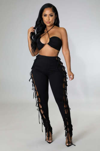 Solid Color Wrap Chest Personality Lace Hollow Two-piece Set