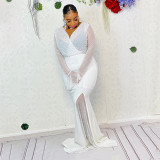 Fashion sexy V-neck see-through long-sleeved bag hip gun beads plus size dress