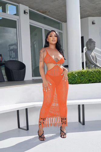 Women's Solid Color Casual Knit One Piece Fringe Beach Dress