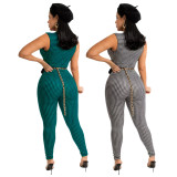 Nightclub Fashion Print Lapel Button Houndstooth Jumpsuit