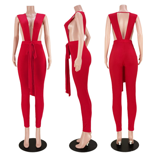 Nightclub clothes sexy deep V-neck pit strips strapless backless jumpsuit
