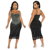Fashion Sexy Sling V-Neck Perspective Hot Diamond Dress