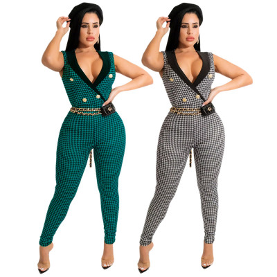 Nightclub Fashion Print Lapel Button Houndstooth Jumpsuit
