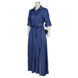 Fashion Casual Denim Shirt Long Skirt Ladies High Slit Big Skirt Denim Long Skirt