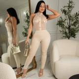 Fashion Pit Houndstooth Print Panel Mesh Sleeveless Jumpsuit