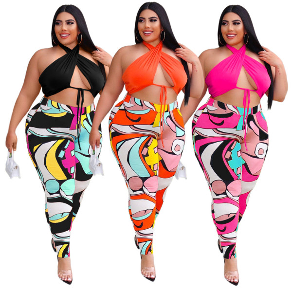 Lace-up Print Halter Fashion Print Pants Set