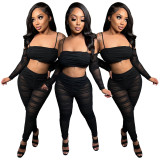 Fashion suspenders top mesh pants suit new two-piece set