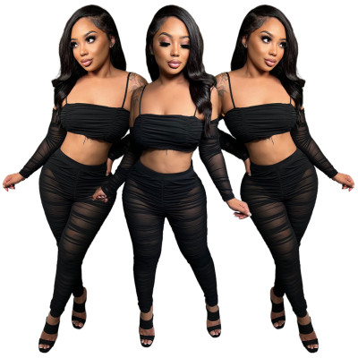 Fashion suspenders top mesh pants suit new two-piece set