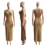 Solid ribbed pleated slant-shoulder slit maxi dress