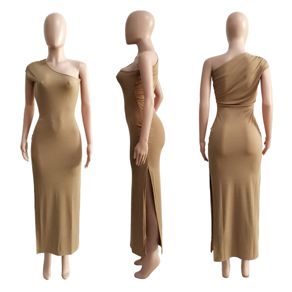 Solid ribbed pleated slant-shoulder slit maxi dress
