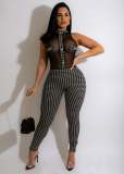 Fashion Pit Houndstooth Print Panel Mesh Sleeveless Jumpsuit