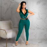 Nightclub Fashion Print Lapel Button Houndstooth Jumpsuit