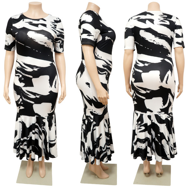 Round Neck Short Sleeve Ruffle Dress Print Plus Size Dress