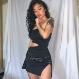 Sexy Slit Cutout Wrap Chest Chain Dress