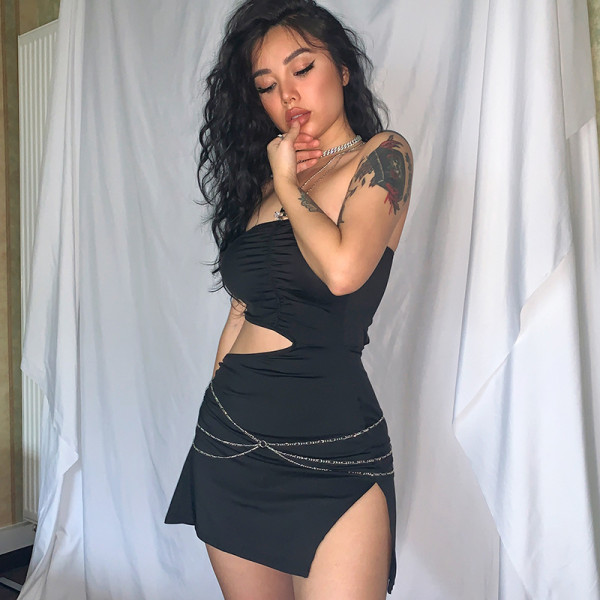 Sexy Slit Cutout Wrap Chest Chain Dress