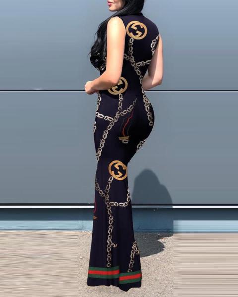 Sexy Fashion Sleeveless V-Neck Print Panel Dress