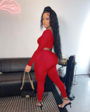 V-neck ribbed long-sleeved trousers two-piece suit