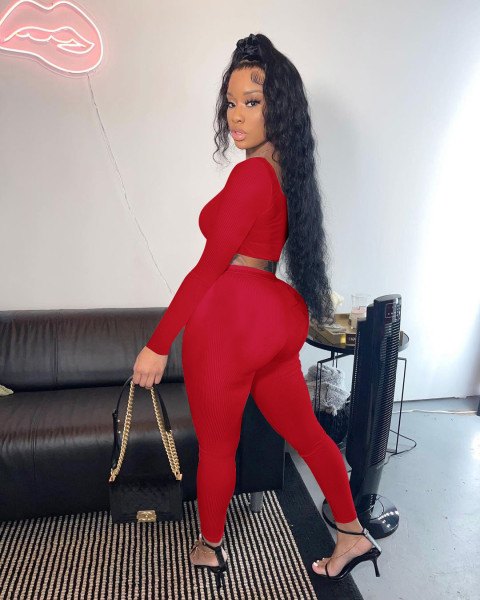 V-neck ribbed long-sleeved trousers two-piece suit