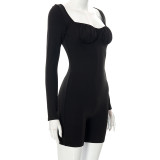 Solid Color Long Sleeve Square Collar Casual Home Slim Bottoming One Piece Shorts Women