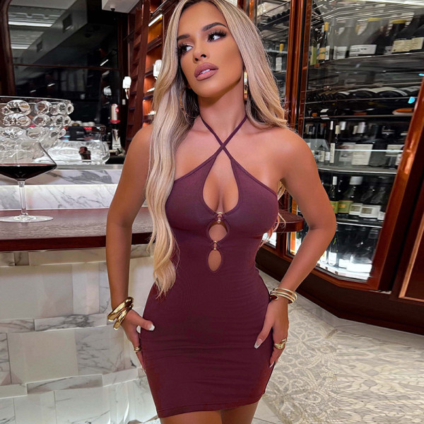 women's hollow strap halter neck reveal backpack hip dress