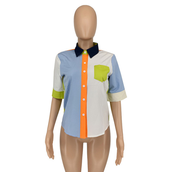 Summer new fashion casual color-blocking color-blocking shirt
